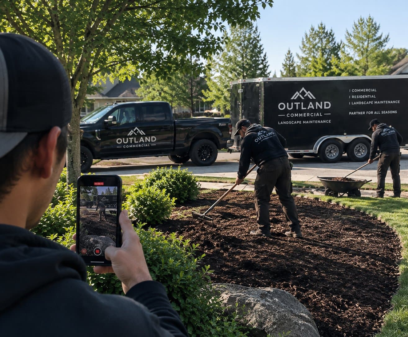 A crew member filming a mulch job on his phone