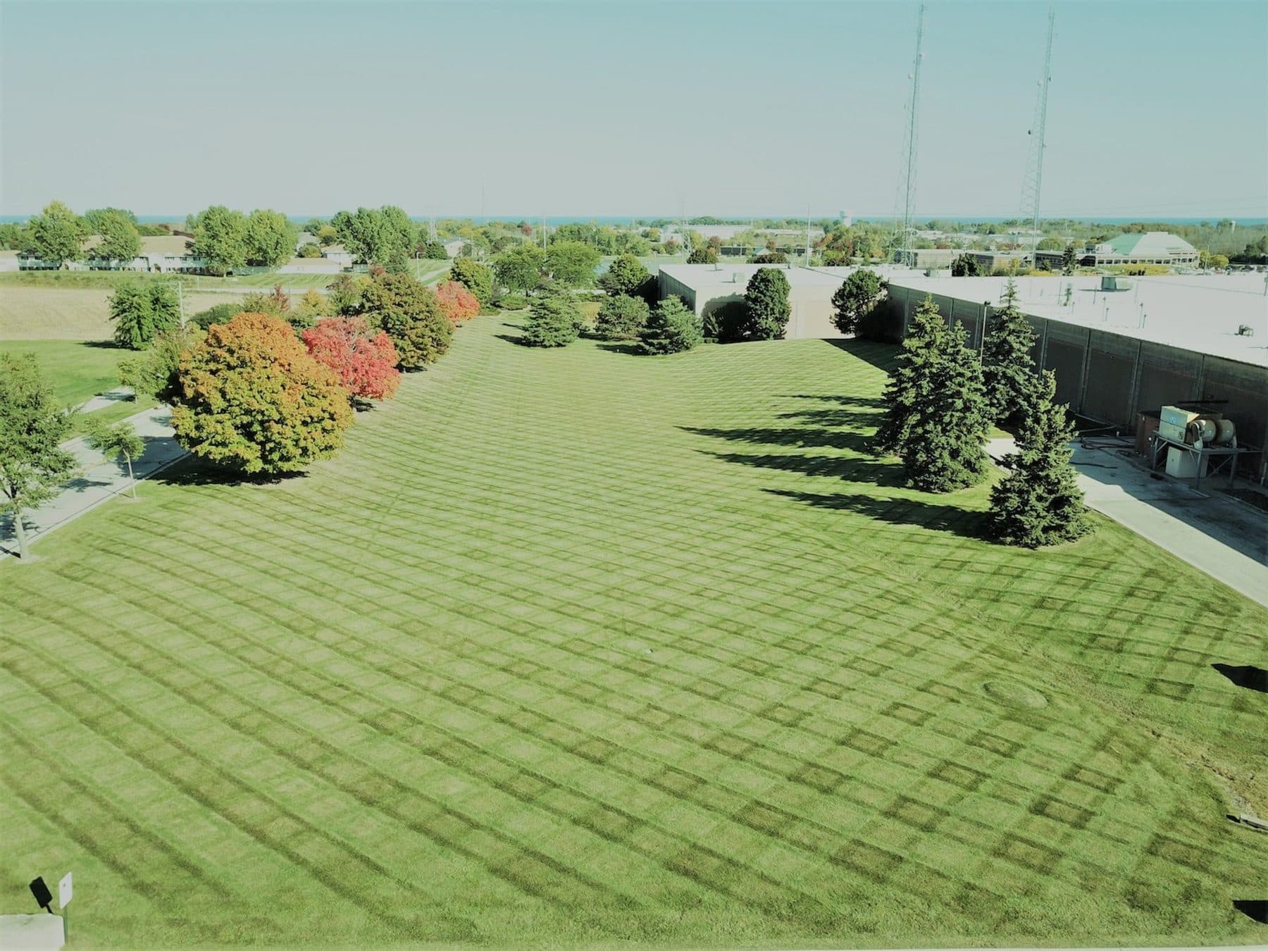 Aerial view of commercial mowing stripes by Meeks