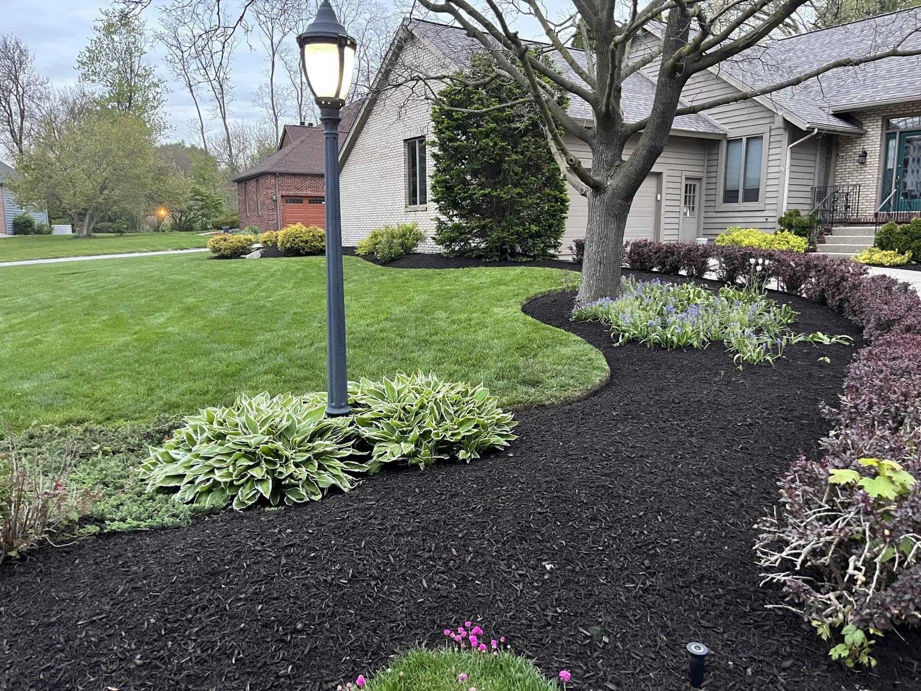 Curved mulch beds and new plantings by Meeks